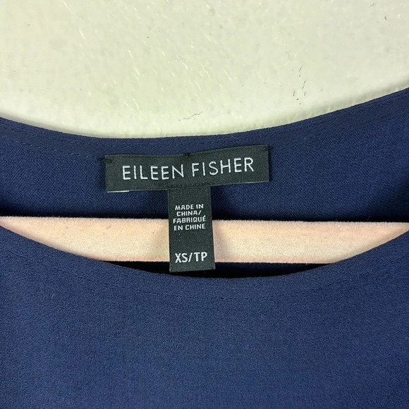 Eileen Fisher 100% Silk Georgette Crepe Ballet Neck Long Tank Tunic navy blue XS - Picture 3 of 8
